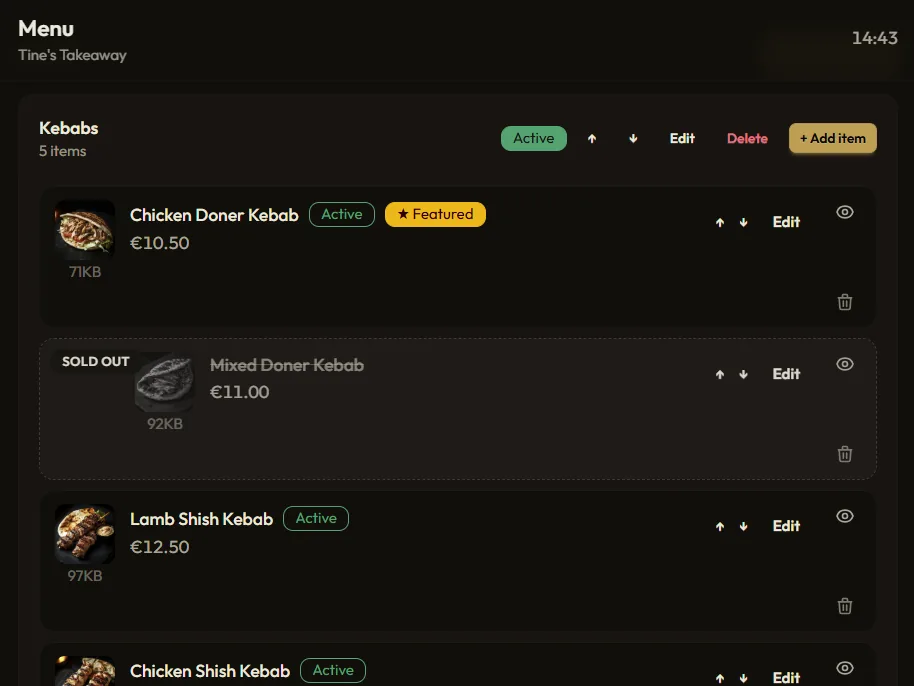 Menu editor for adding items, prices, and modifiers