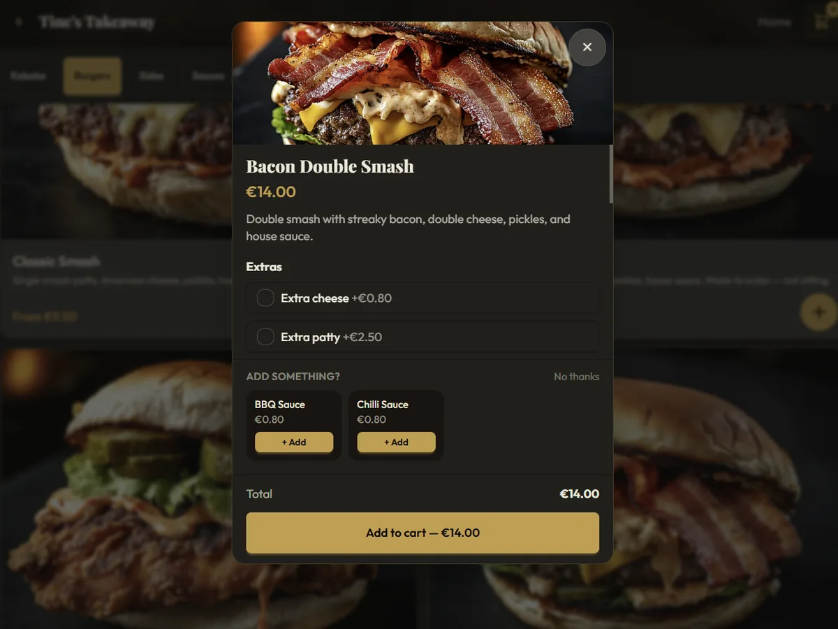 Item detail modal with size options, extras, and add to cart