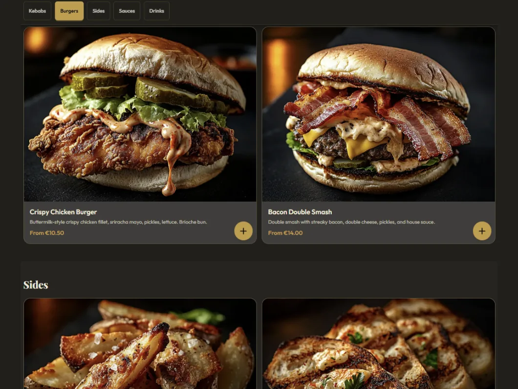 Tine.Irish menu page with categories, food photos, and pickup or delivery toggle