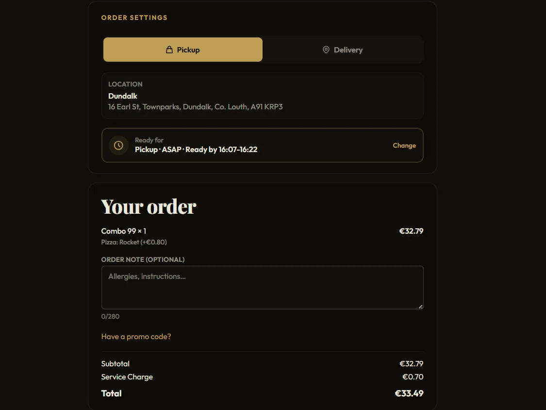 Order confirmation with order number, time estimate, and order summary