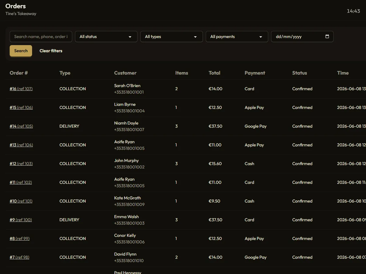 Order history table searchable by date, type, and status